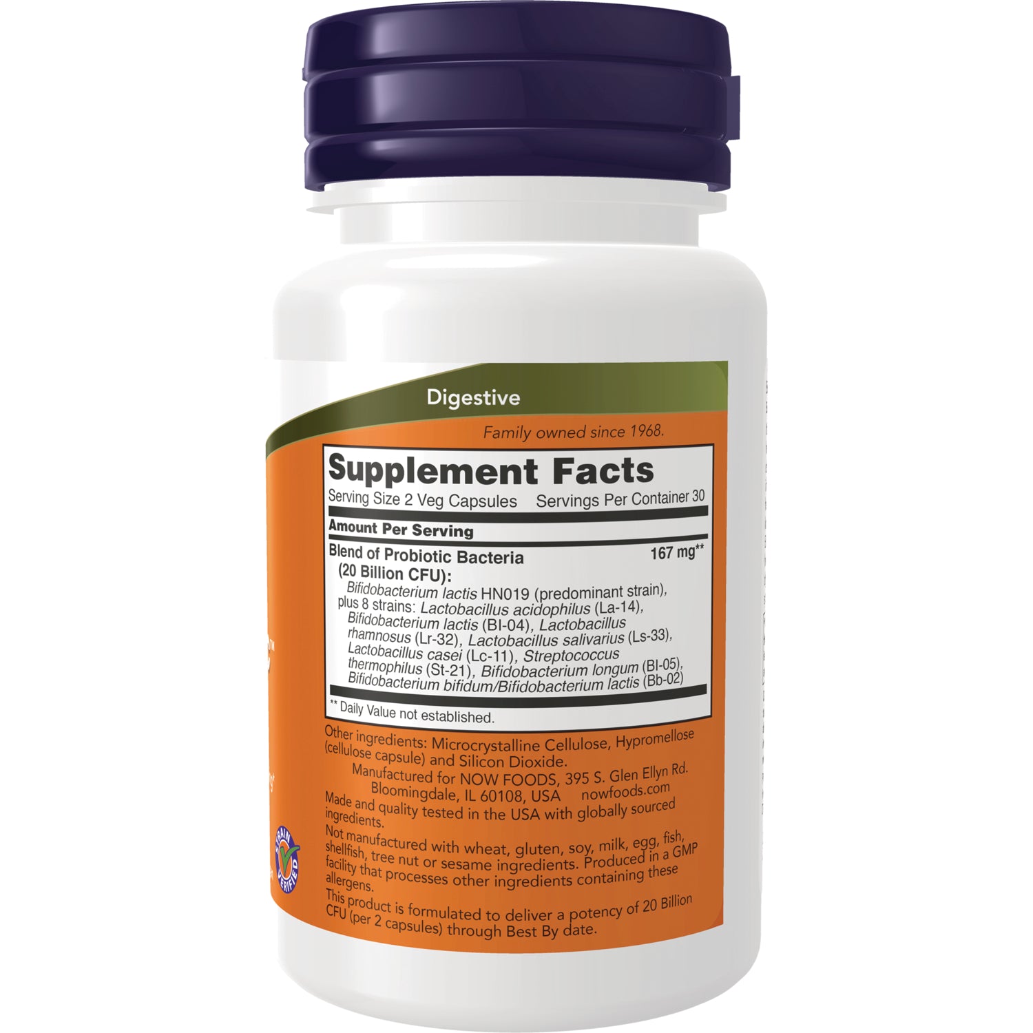 NWF1151 | back label showing Supplement Facts, probiotic blend and ingredient information on white bottle