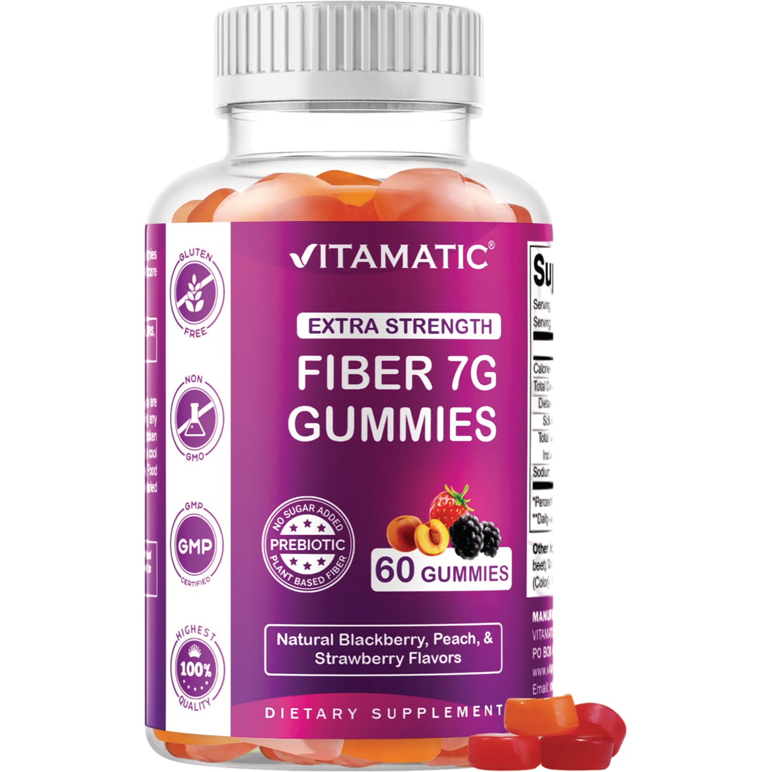 VAM008 | Vitamatic Extra Strength Fiber 7G Gummies, 60 count, natural blackberry, peach & strawberry flavors