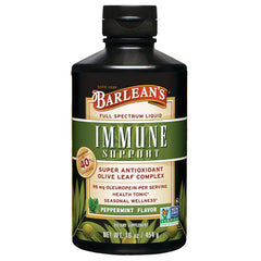 Barlean's Immune Support peppermint liquid 16 oz bottle with olive leaf complex front label, Non-GMO Verified