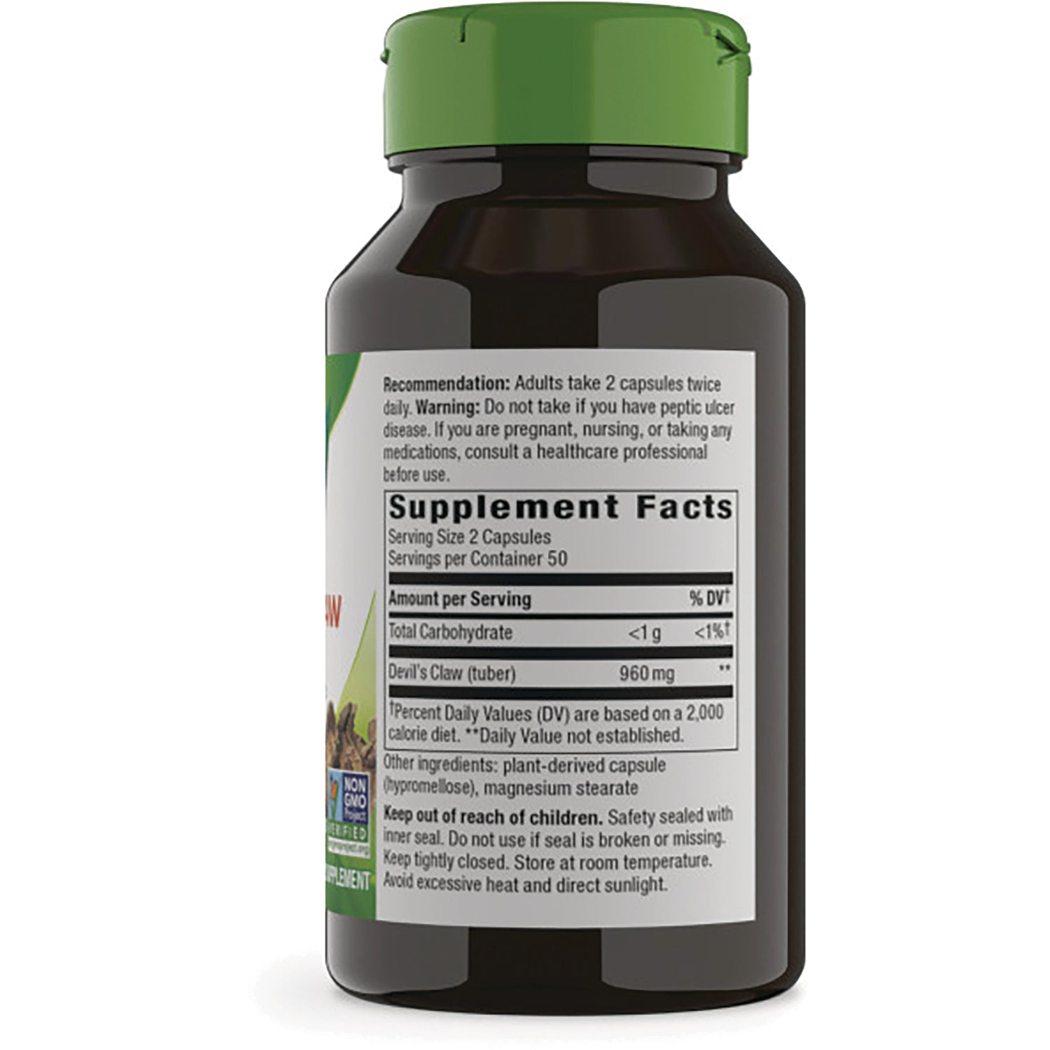 NW836 | Back of dark supplement bottle showing Supplement Facts panel, serving size 2 capsules and safety warnings