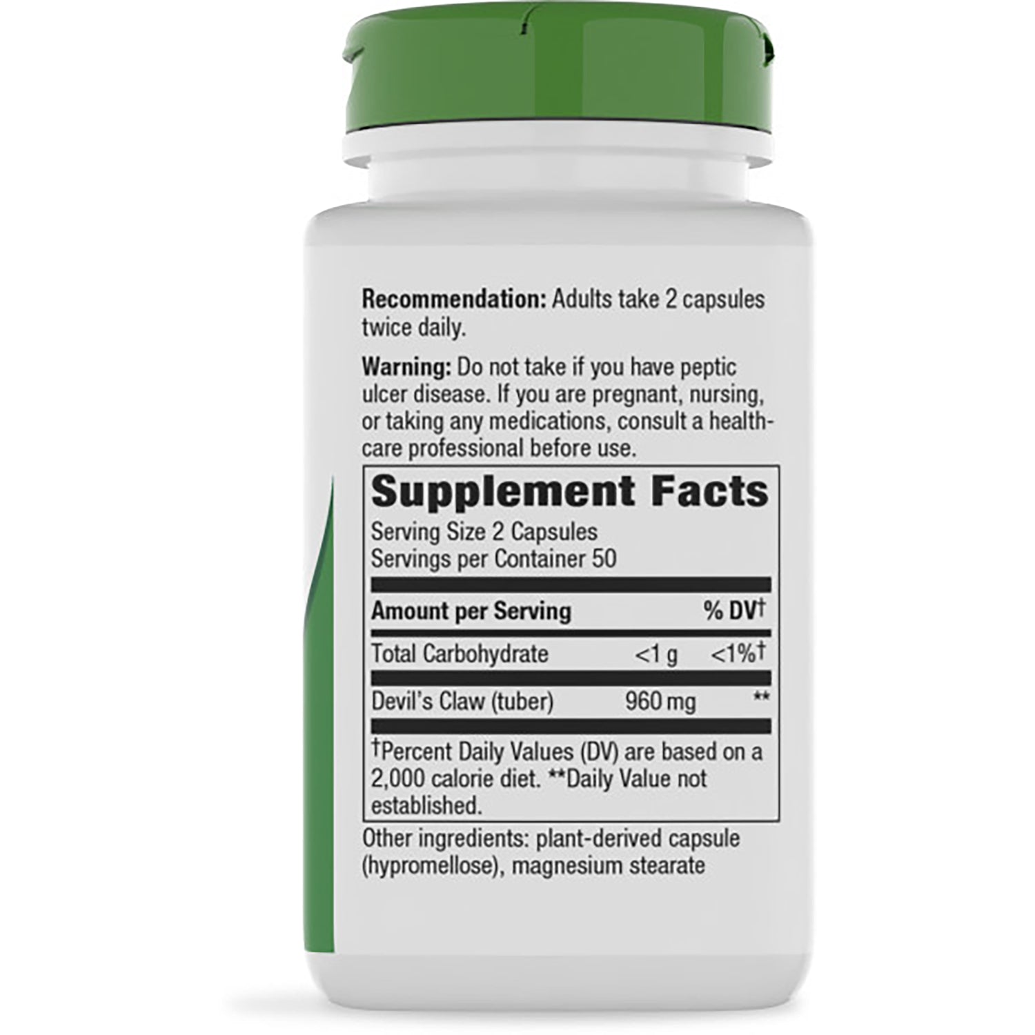NW836 | Back of dark supplement bottle showing Supplement Facts panel, serving size 2 capsules and safety warnings
