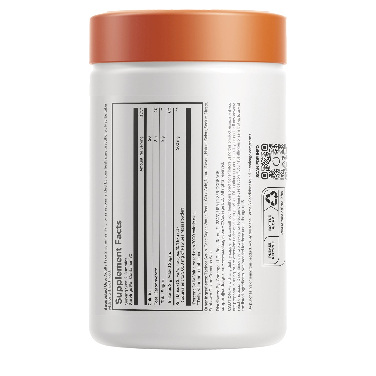 Back of white supplement bottle with orange lid showing Supplement Facts panel, ingredient text, QR and recycling icons