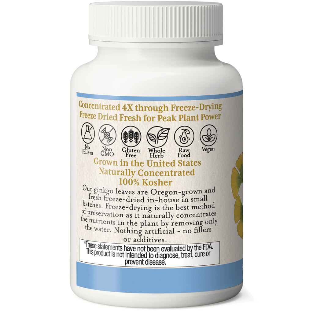 EC004 | Back label of white supplement bottle with freeze-dried claims, icons for Non GMO, Gluten Free, Vegan, and FDA disclaimer - Thumbnail