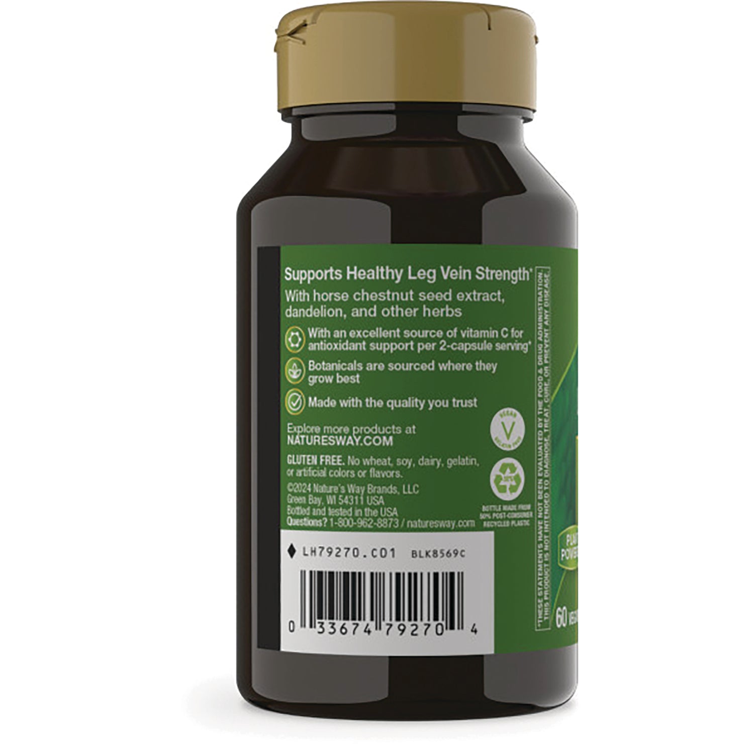 NW558 | Back of brown supplement bottle with green label reading Supports Healthy Leg Vein Strength and barcode