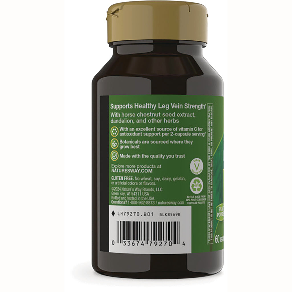 NW558 | Back of brown supplement bottle with green label reading Supports Healthy Leg Vein Strength and barcode - Thumbnail