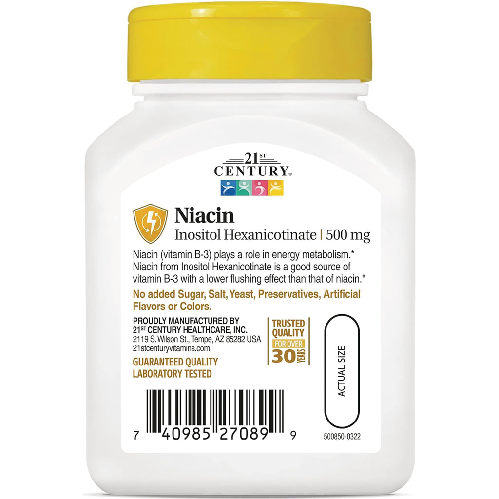 CNT110 | back label of 21st Century Niacin Inositol Hexanicotinate 500 mg bottle showing product info, no added sugar claim and barcode - Thumbnail