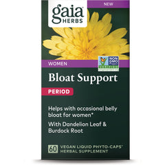 GH158 | Gaia Herbs Bloat Support period supplement box with yellow flower, 60 vegan liquid phyto-caps