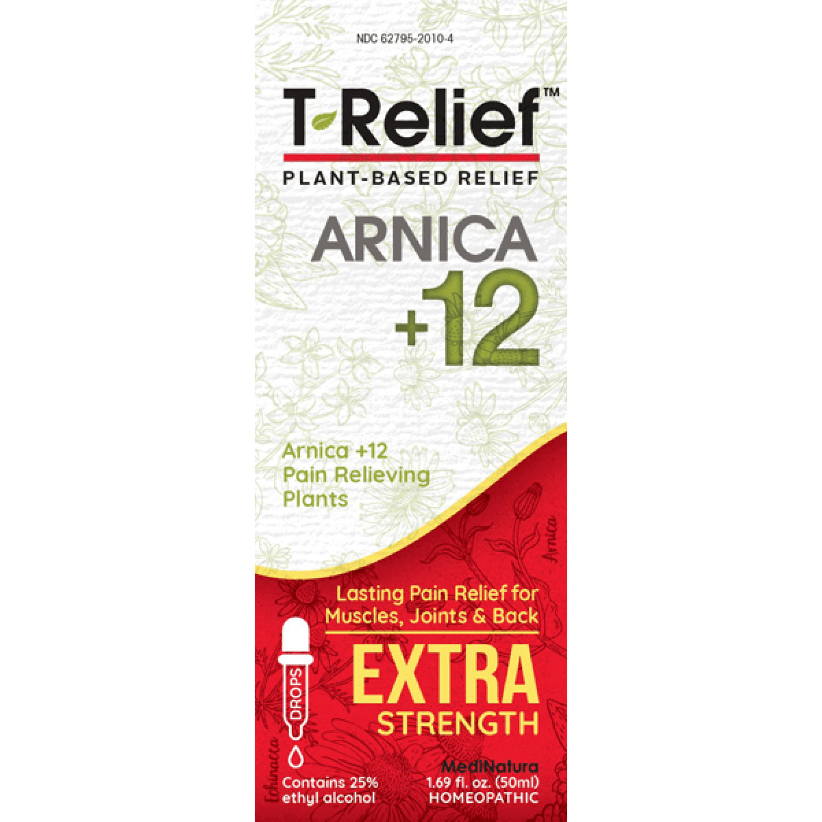 MNA032 | T-Relief plant-based Arnica +12 extra strength drops packaging for lasting pain relief for muscles, joints & back