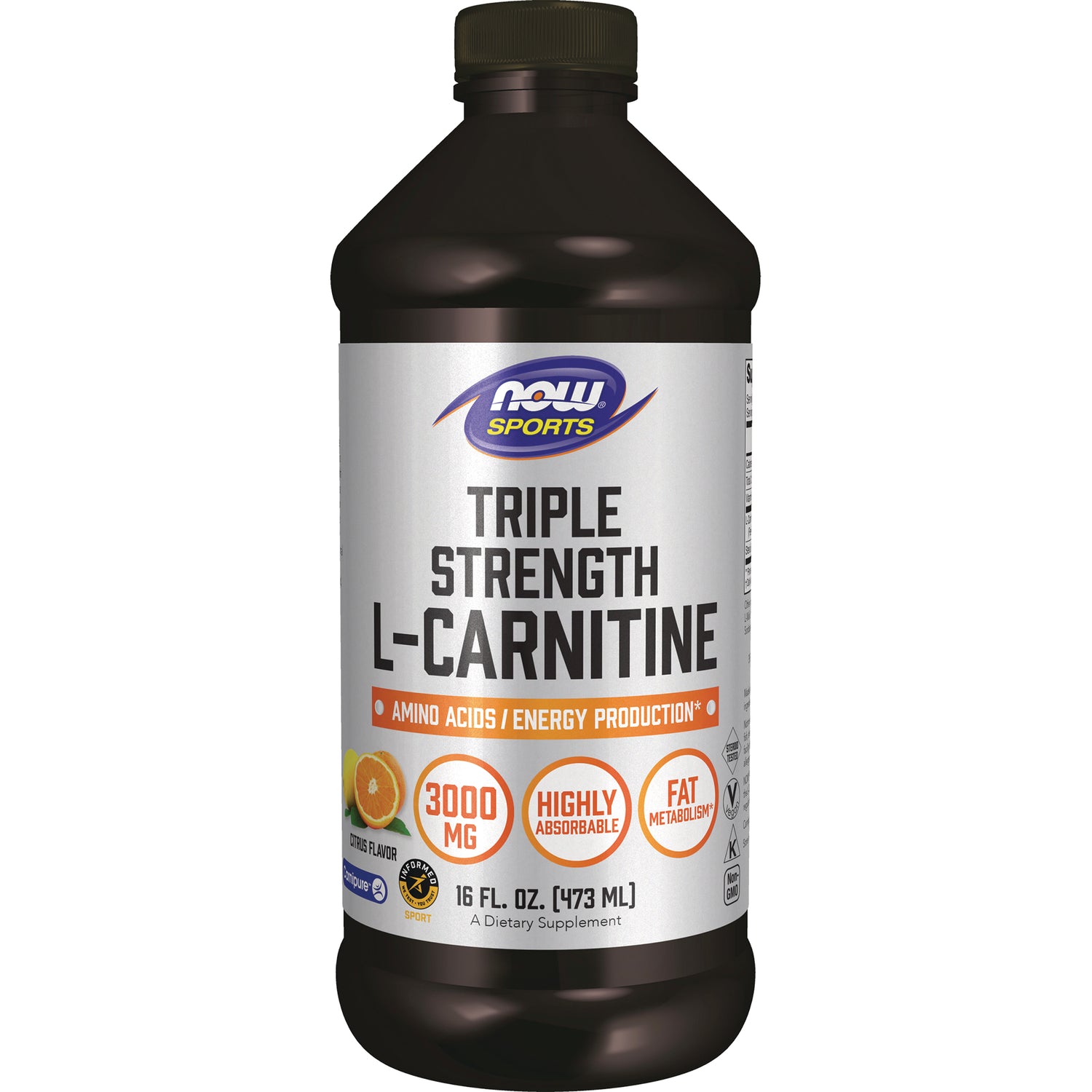 NWF761 | NOW Sports Triple Strength L-Carnitine 3000 mg liquid supplement, citrus flavor, 16 fl oz bottle