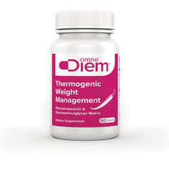 DIM019 | White supplement bottle labeled omne Diem Thermogenic Weight Management, 60 capsules