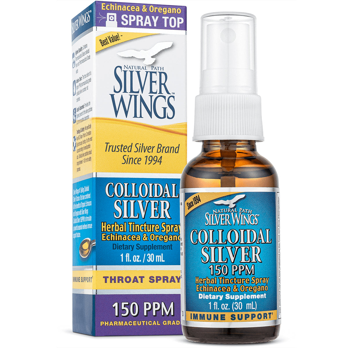 NPS008 | Bottle and box of Silver Wings Colloidal Silver 150 PPM herbal tincture throat spray 1 fl oz