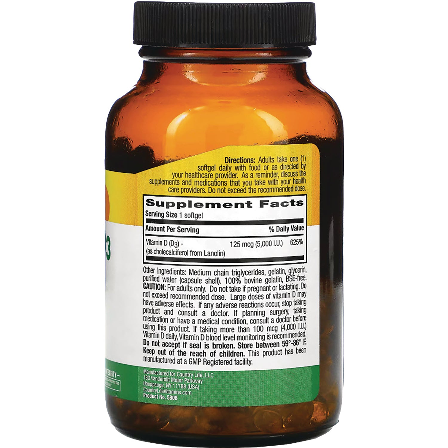 CRL453 | Back of amber supplement bottle showing Supplement Facts label, directions and ingredient text