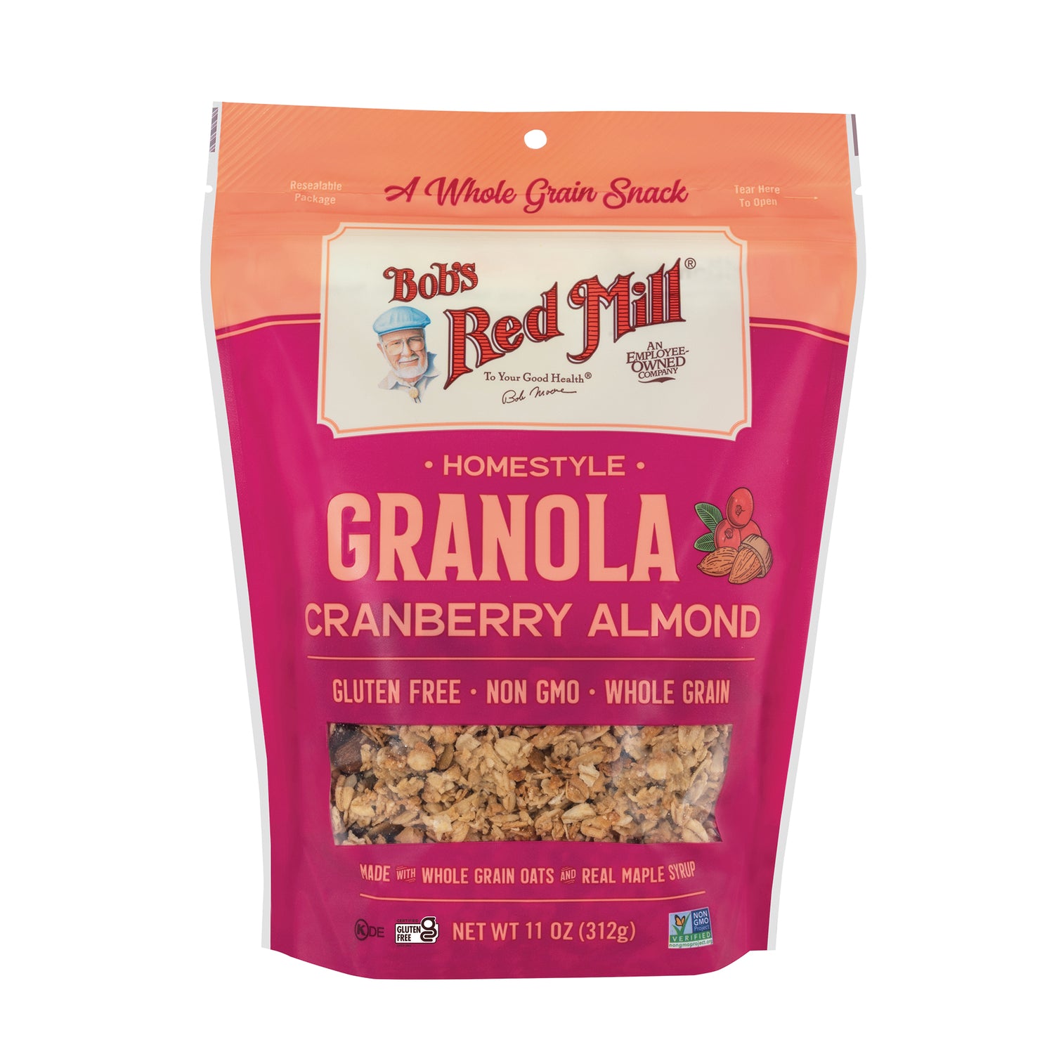 BOB476 | Bob's Red Mill Homestyle Granola Cranberry Almond resealable pouch with clear window showing granola