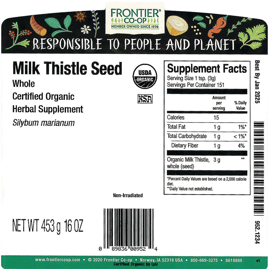 FNP023 | Back label of Frontier Co-op Milk Thistle Seed showing supplement facts panel, USDA Organic logo, barcode and NET WT 453 g 16 OZ - Thumbnail