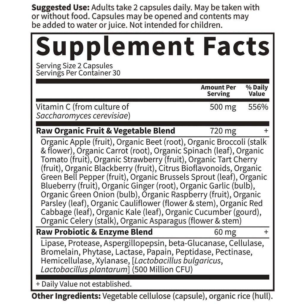 GLF104 | Supplement Facts label showing serving size 2 capsules, Vitamin C 500 mg (556%), Raw Organic Fruit & Vegetable Blend 720 mg, Raw Probiotic & Enzyme Blend 60 mg - Thumbnail