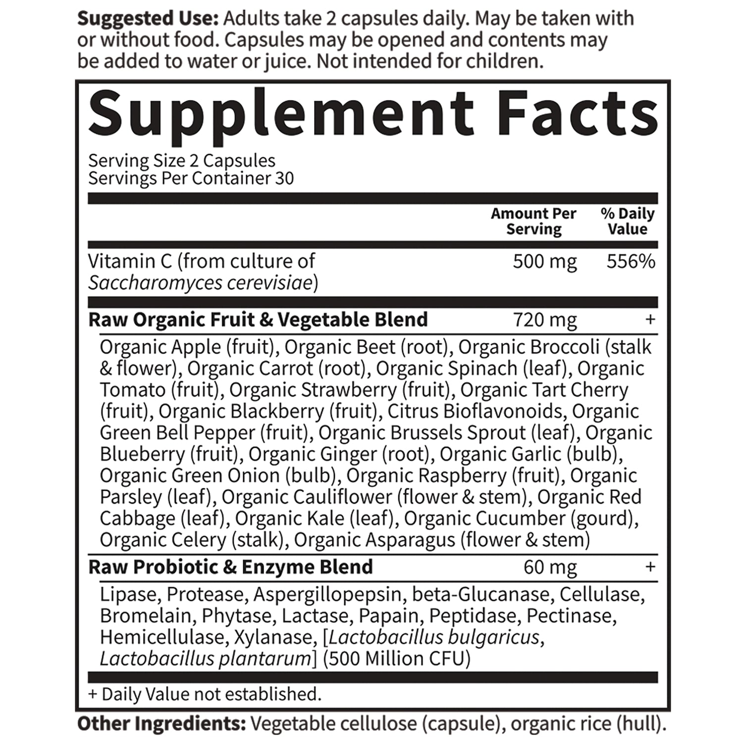 GLF104 | Supplement Facts label showing serving size 2 capsules, Vitamin C 500 mg (556%), Raw Organic Fruit & Vegetable Blend 720 mg, Raw Probiotic & Enzyme Blend 60 mg