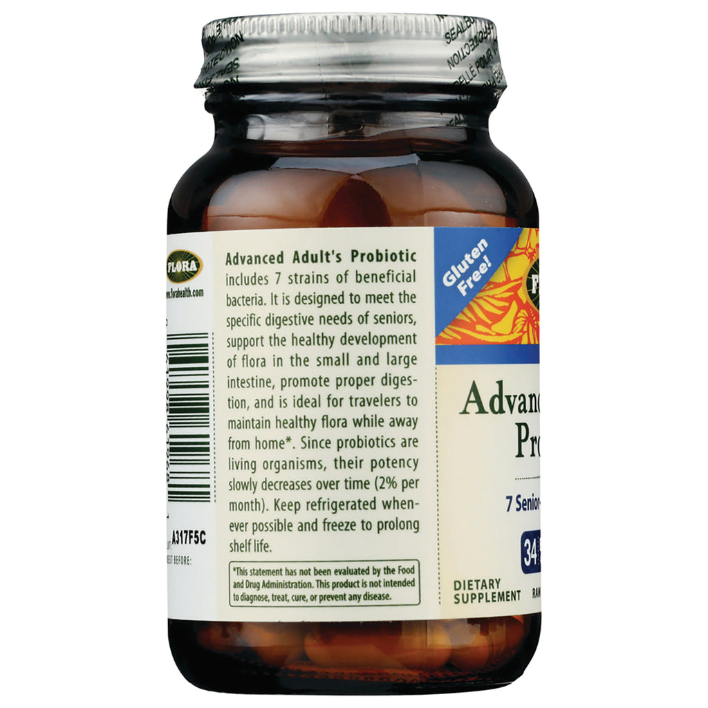 FL110 | Advanced Adult's Probiotic label showing usage and storage instructions, barcode and sealed cap on brown supplement bottle - Thumbnail