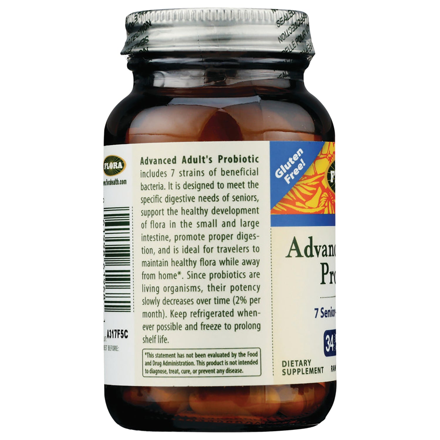 FL110 | Advanced Adult's Probiotic label showing usage and storage instructions, barcode and sealed cap on brown supplement bottle