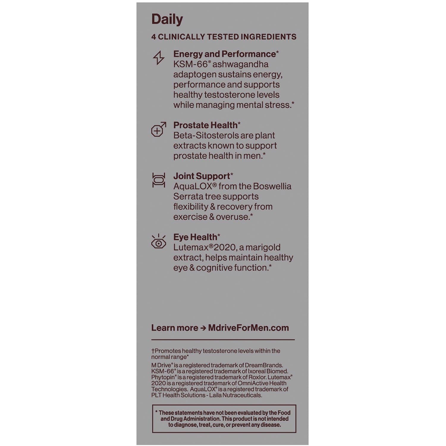 OCN006 | Product infographic listing four clinically tested ingredients: energy and performance, prostate health, joint support, eye health