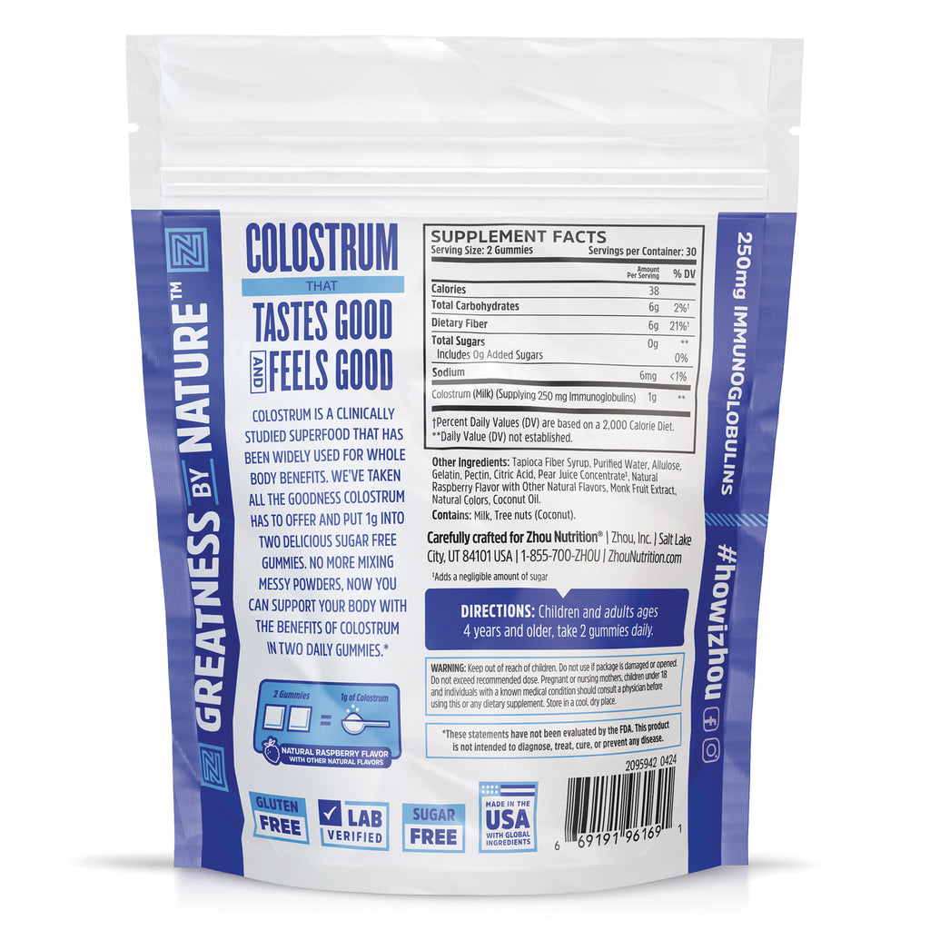 ZOU080 | Back of Colostrum gummies pouch showing Supplement Facts, directions, and Gluten Free, Lab Verified, Sugar Free icons - Thumbnail