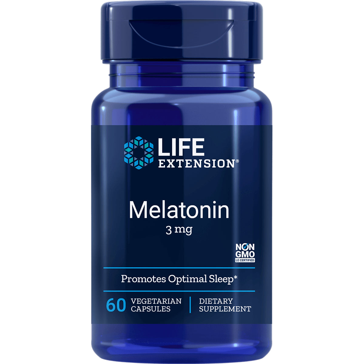 LE125 | Life Extension Melatonin 3 mg bottle front, 60 vegetarian capsules dietary supplement