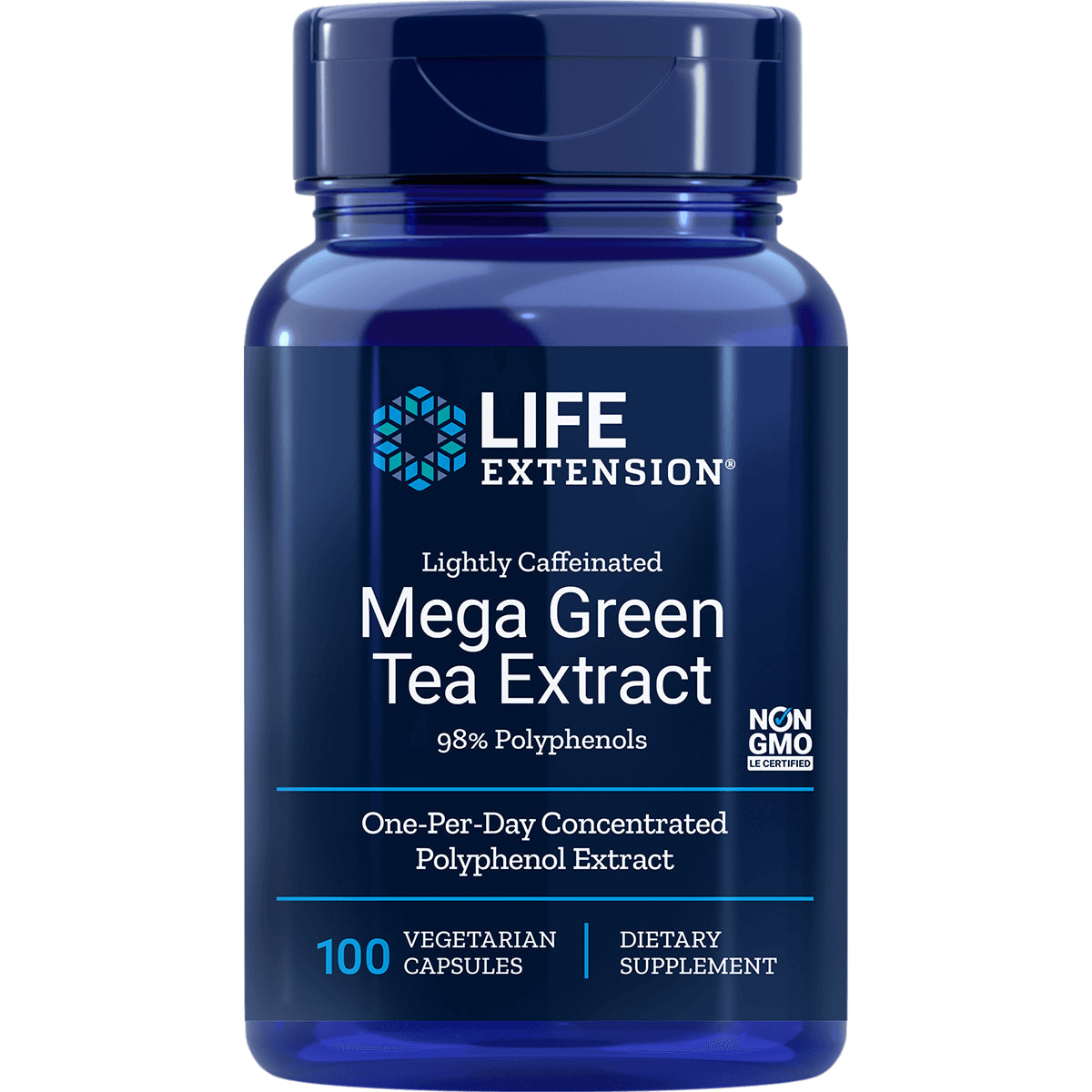 LE011 | Life Extension Mega Green Tea Extract bottle, lightly caffeinated, 98% polyphenols, 100 vegetarian capsules, non-GMO