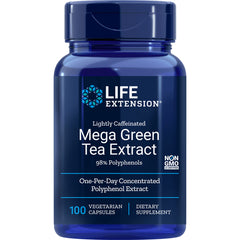 LE011 | Life Extension Mega Green Tea Extract bottle, lightly caffeinated, 98% polyphenols, 100 vegetarian capsules, non-GMO