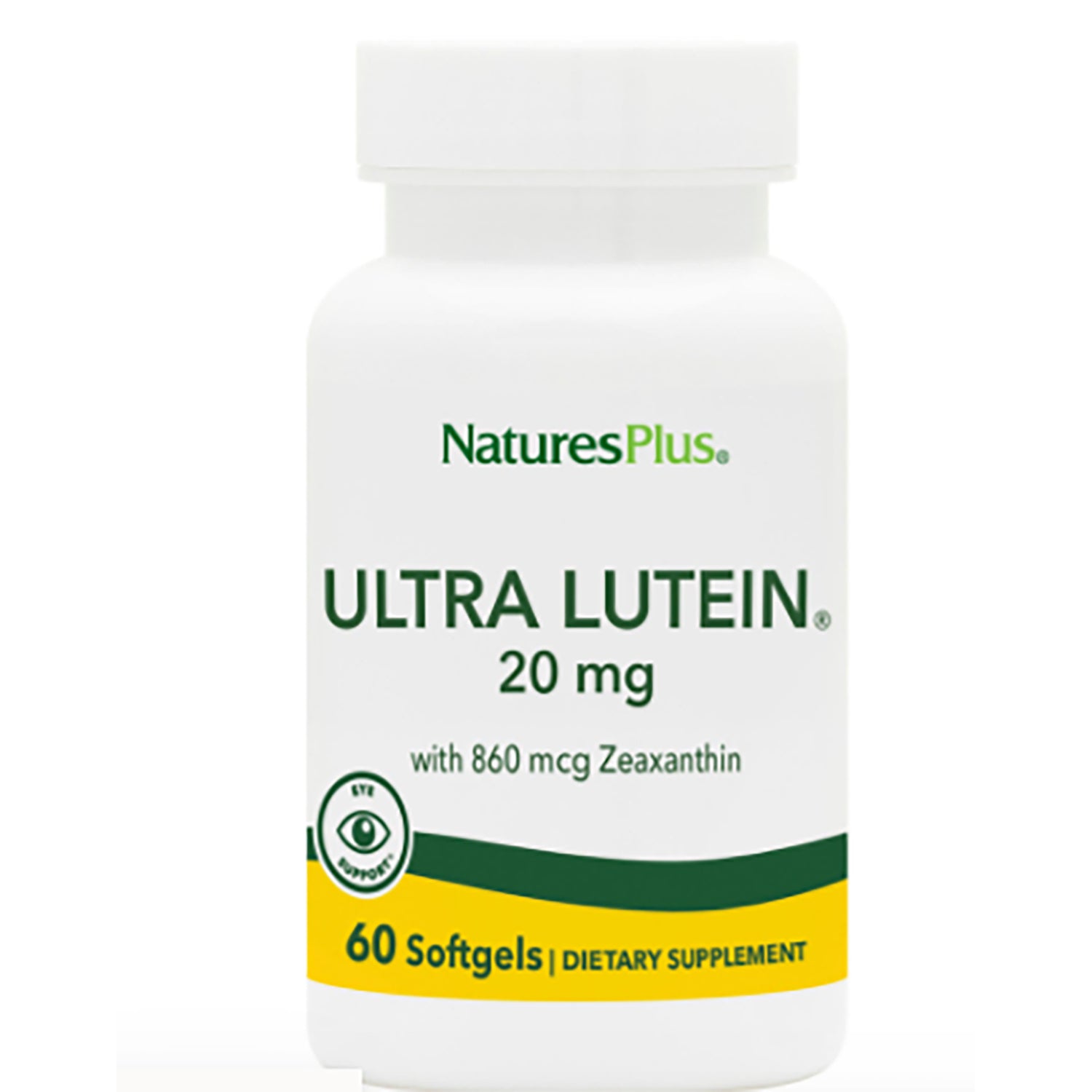NTP232 | NaturesPlus ULTRA LUTEIN 20 mg white bottle front label, 60 Softgels dietary supplement