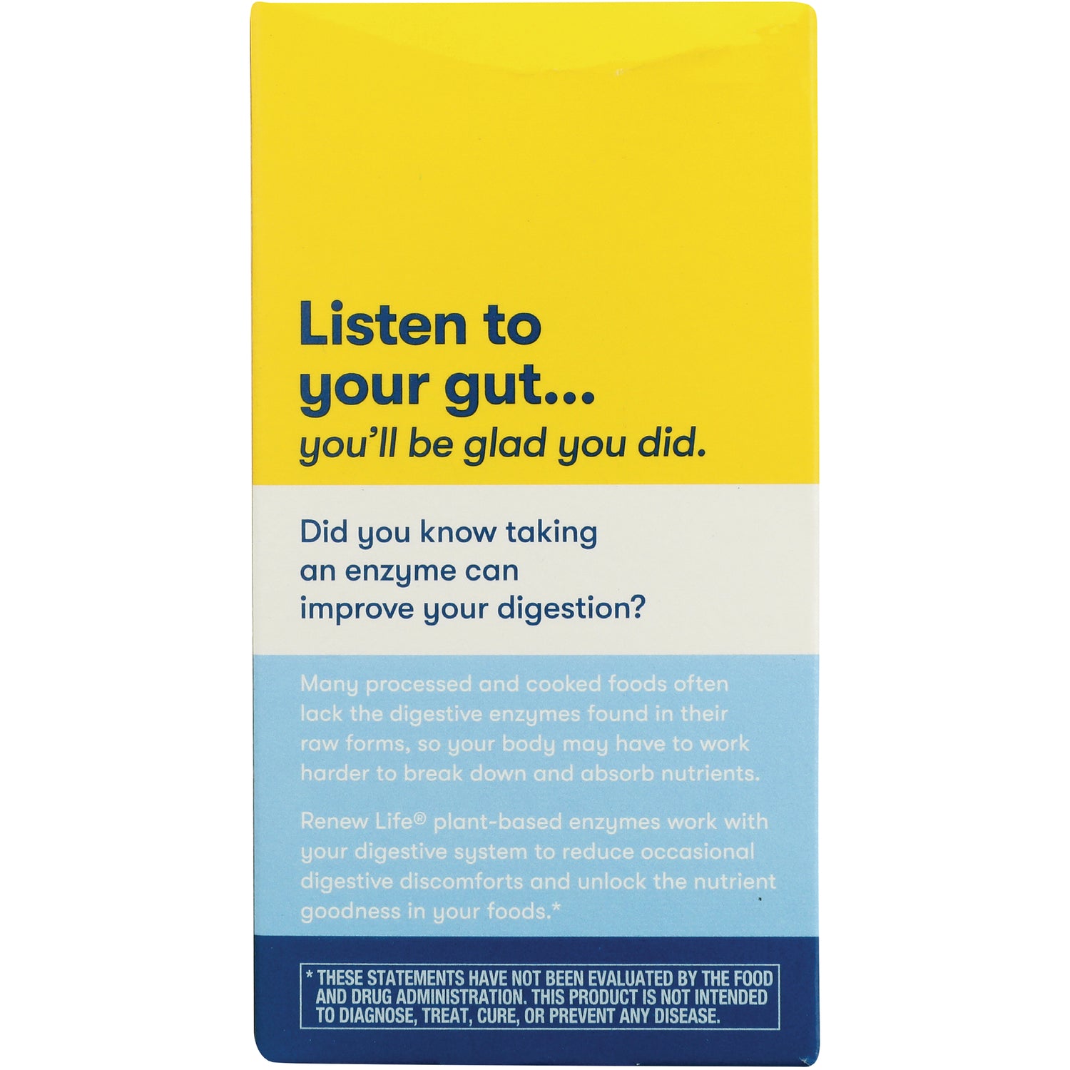 RNL226 | product infographic panel reading Listen to your gut... you'll be glad you did with explanatory text about digestive enzymes