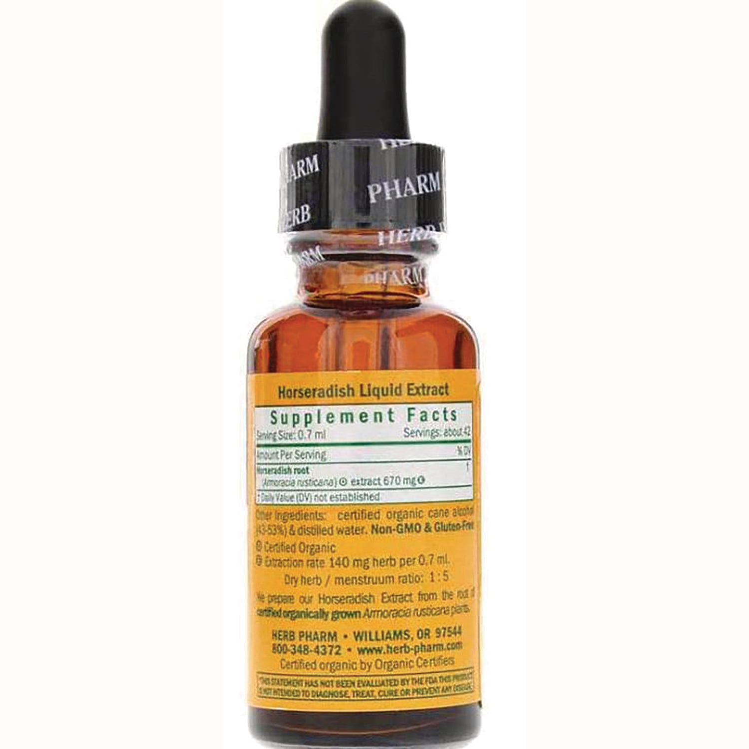 HPH057 | brown dropper bottle back label showing Horseradish Liquid Extract supplement facts and ingredients