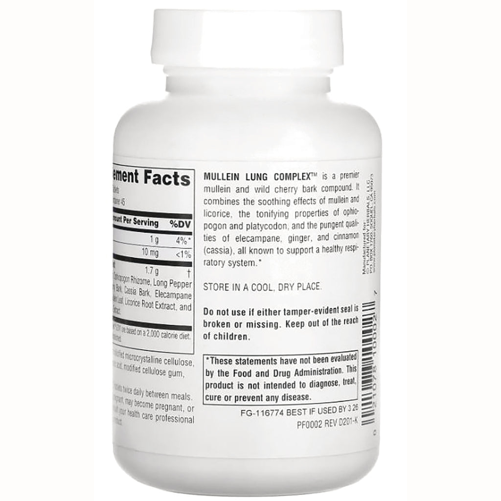 PF072 | Back of white supplement bottle showing Supplement Facts panel, Mullein Lung Complex description and storage/warning text - Thumbnail