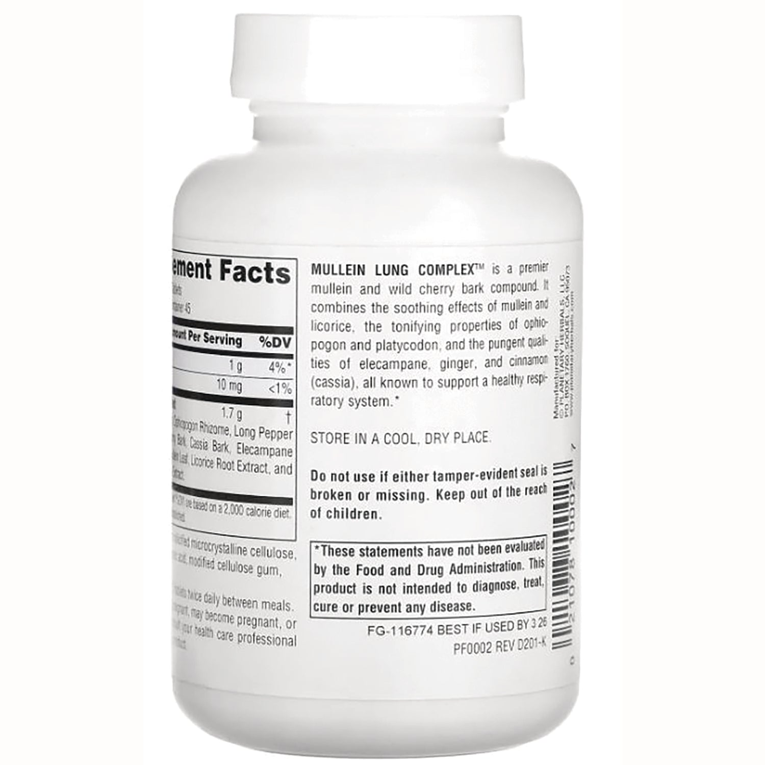 PF072 | Back of white supplement bottle showing Supplement Facts panel, Mullein Lung Complex description and storage/warning text
