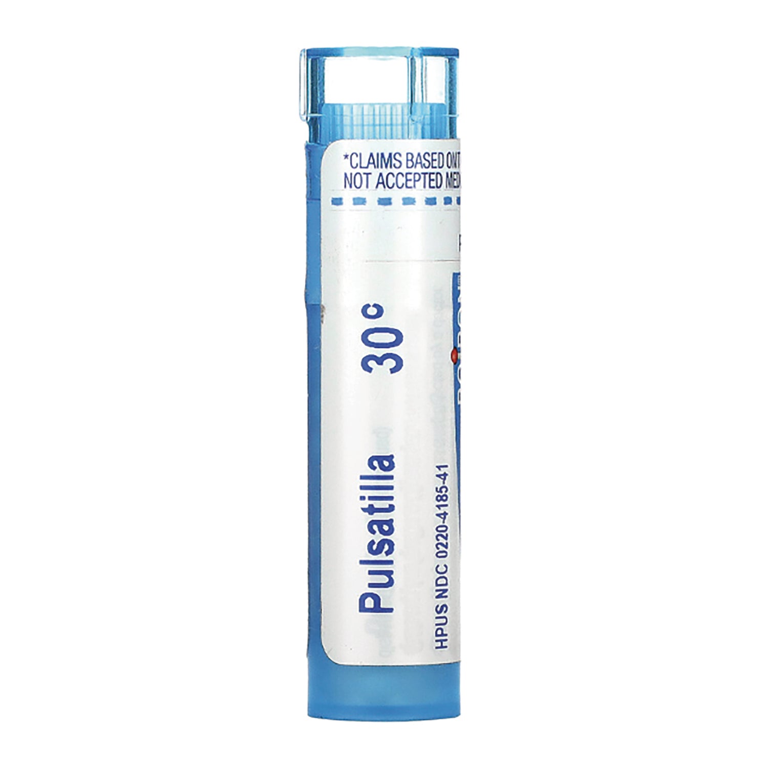 BRN067 | white and blue homeopathic vial labeled Pulsatilla 30C with blue cap