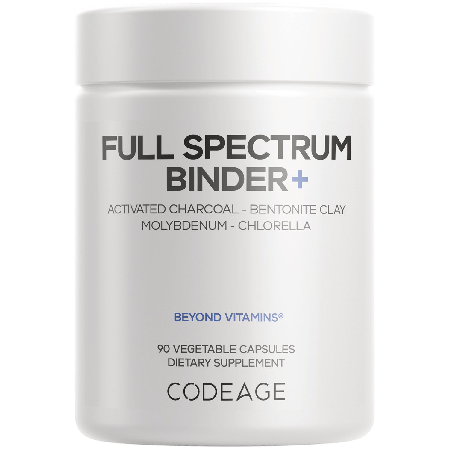 CDG049 | white supplement jar labeled FULL SPECTRUM BINDER+ with 90 vegetable capsules Codeage branding
