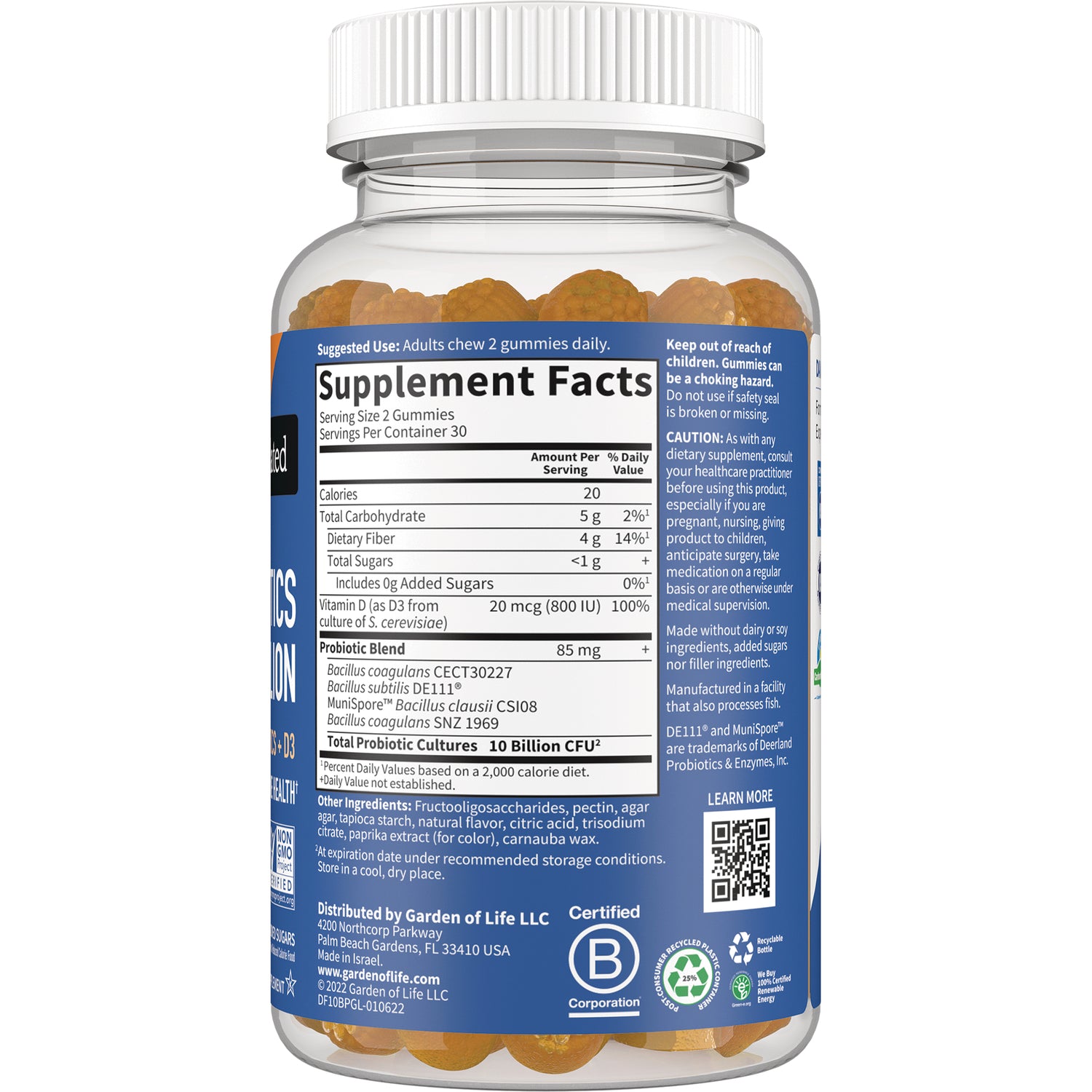GLF367 | Back of supplement bottle showing Supplement Facts panel, caution text, and orange gummy vitamins