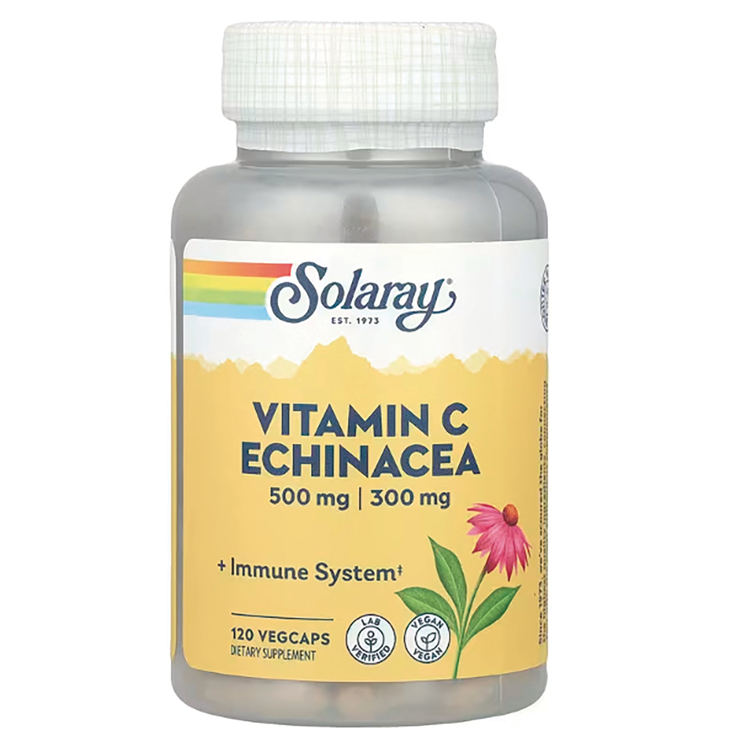 SLR469 | Solaray Vitamin C Echinacea 500 mg/300 mg, 120 VegCaps dietary supplement bottle