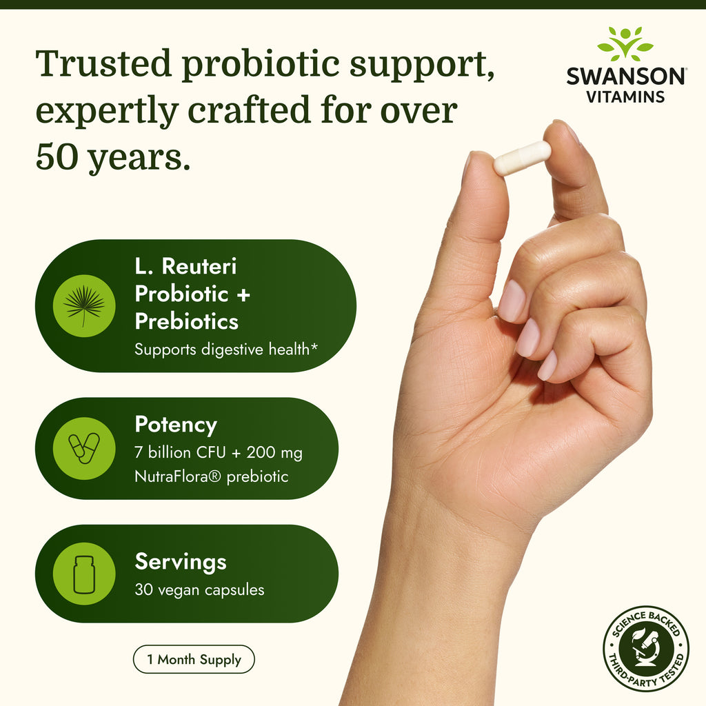 SWA025 | Swanson L. Reuteri Plus bottle labeled 7 billion CFU + 200 mg FOS and strains Lactobacillus reuteri, rhamnosus, acidophilus - Thumbnail