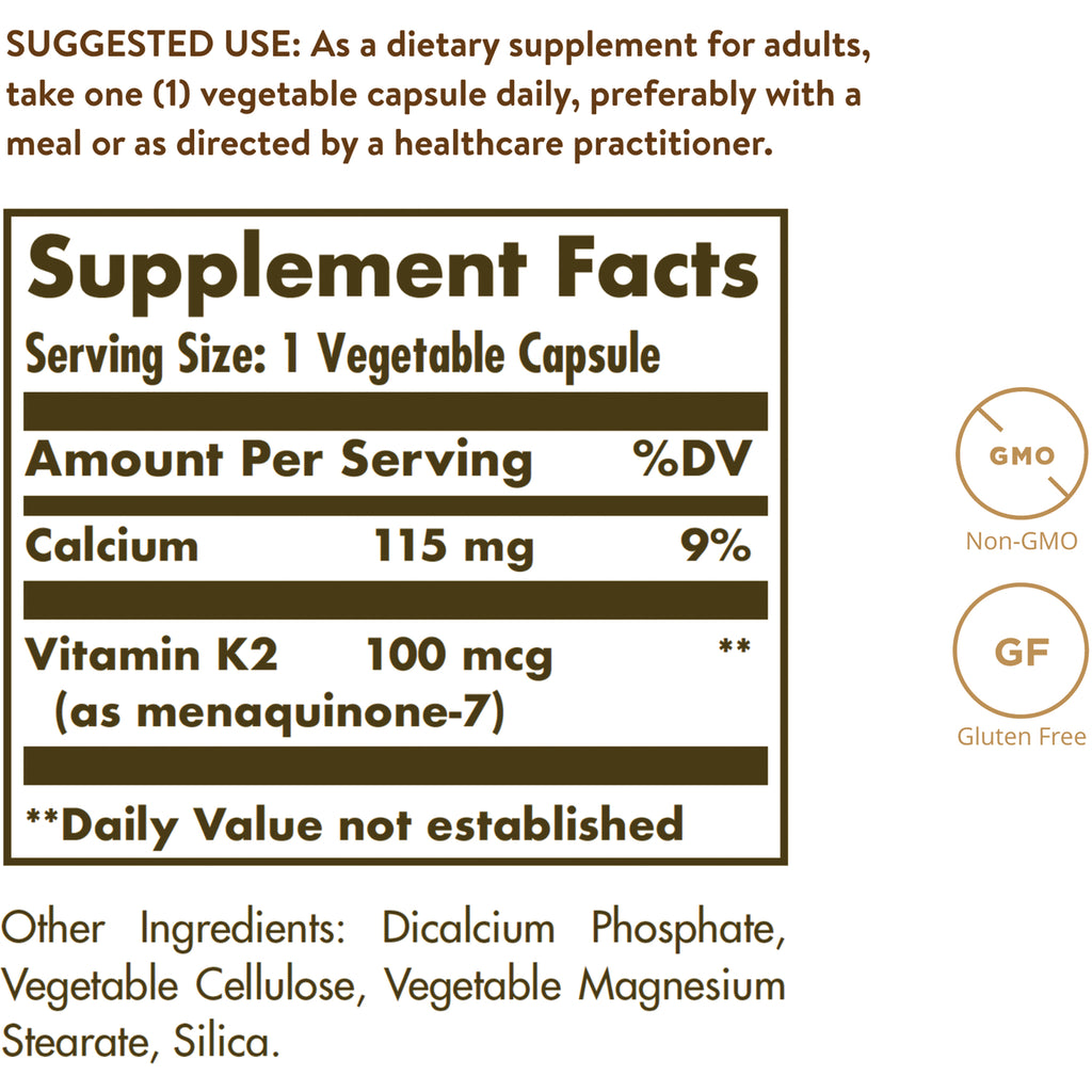 SLG334 | Supplement facts panel showing serving size 1 vegetable capsule, Calcium 115 mg, Vitamin K2 100 mcg, other ingredients, Non-GMO and Gluten Free icons - Thumbnail