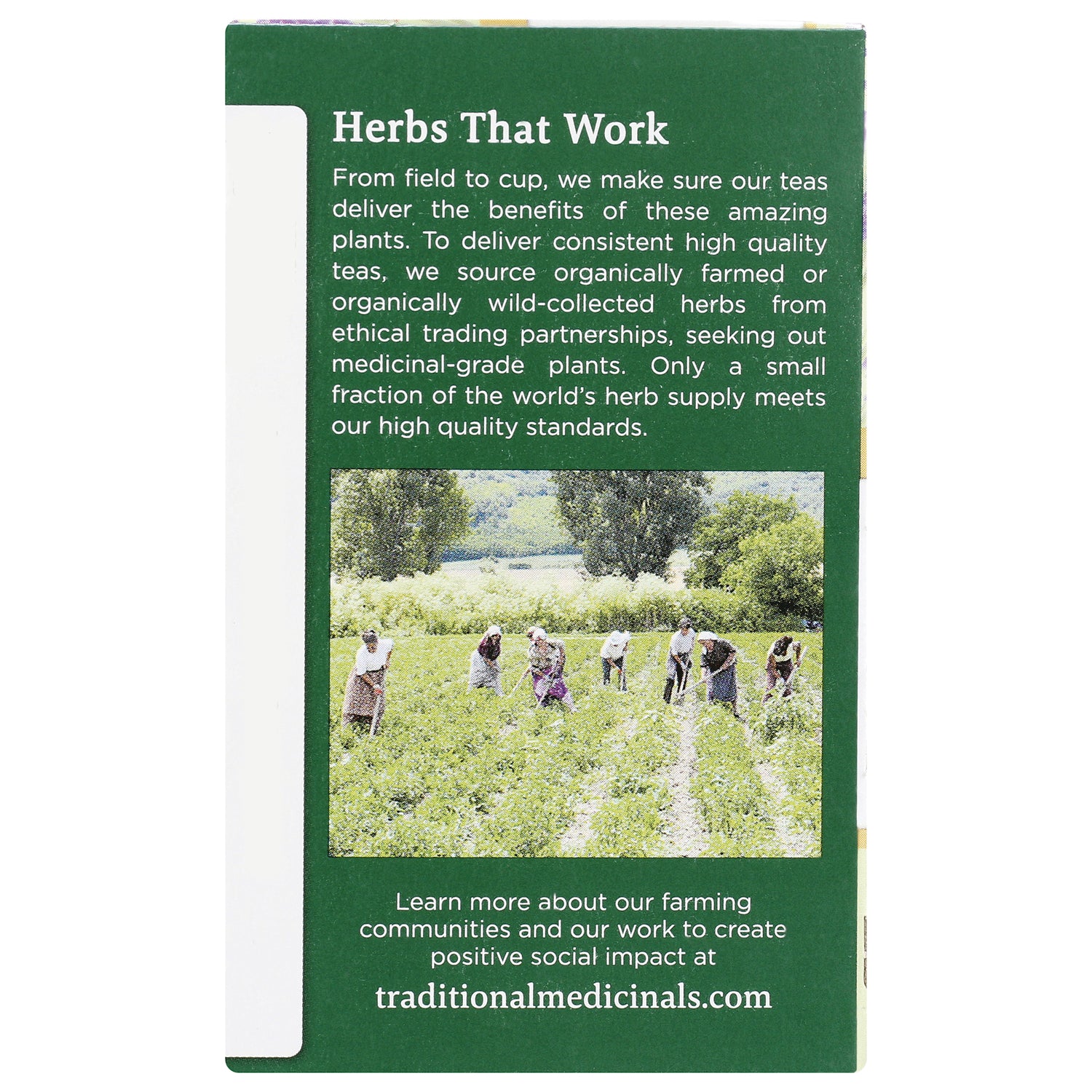 TMD012 | Herbs That Work panel with sourcing story, farm photo, and URL traditionalmedicinals.com