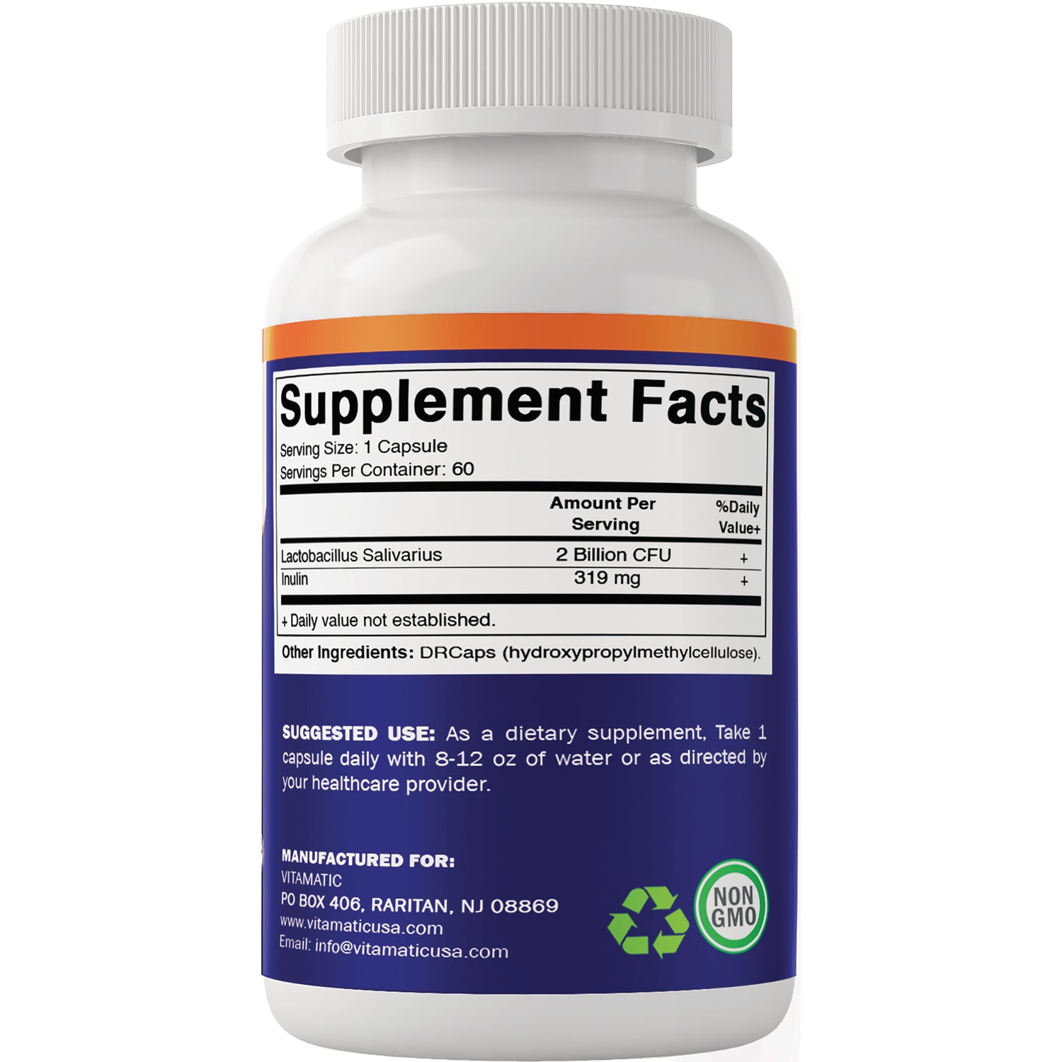 VAM004 | Back of supplement bottle with Supplement Facts: Lactobacillus salivarius 2 Billion CFU; Inulin 319 mg