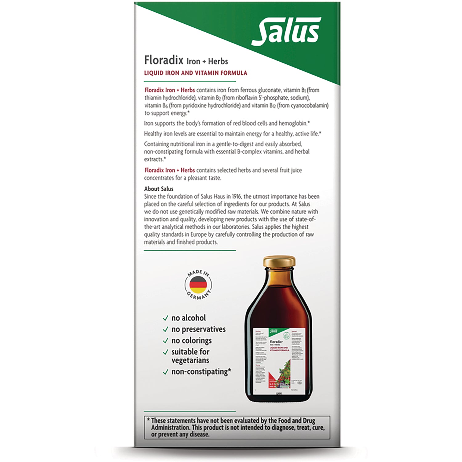 FDX002 | Back panel of Floradix Iron + Herbs box showing ingredients, claims, and a small product bottle image