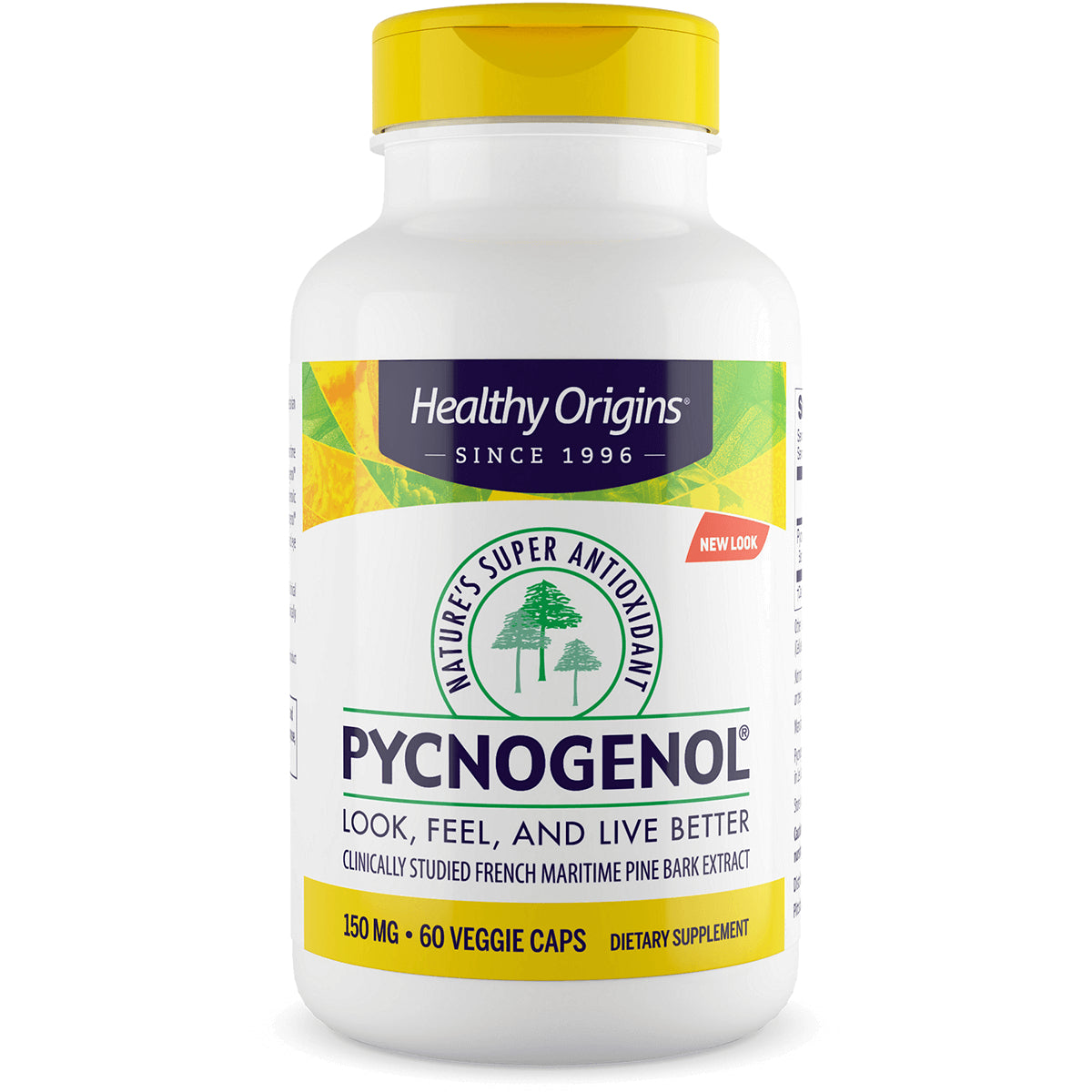 HRG079 | Healthy Origins PYCNOGENOL supplement bottle, 150 MG 60 veggie caps, white bottle with yellow cap