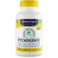 HRG079 | Healthy Origins PYCNOGENOL supplement bottle, 150 MG 60 veggie caps, white bottle with yellow cap