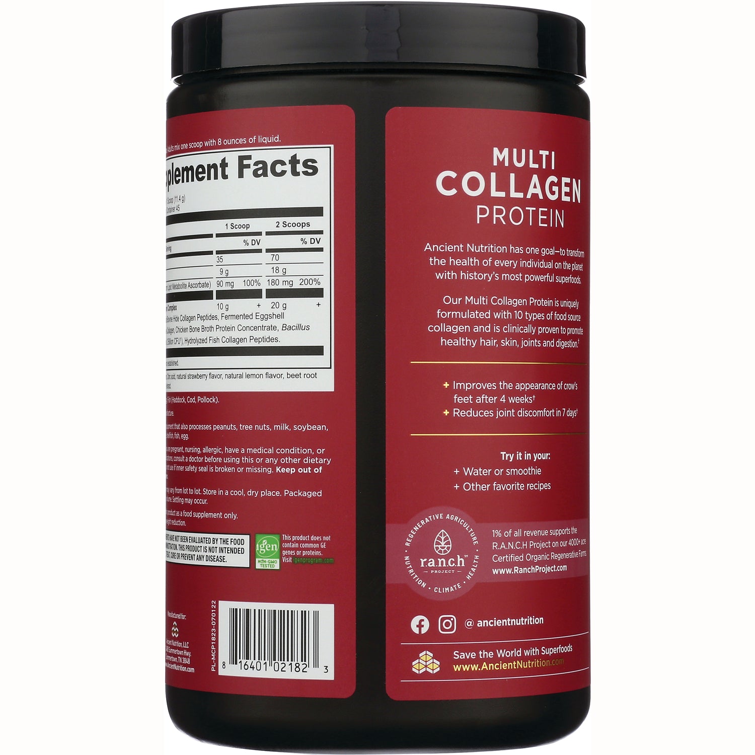 ATN102 | back label of Multi Collagen Protein tub showing Supplement Facts and product information