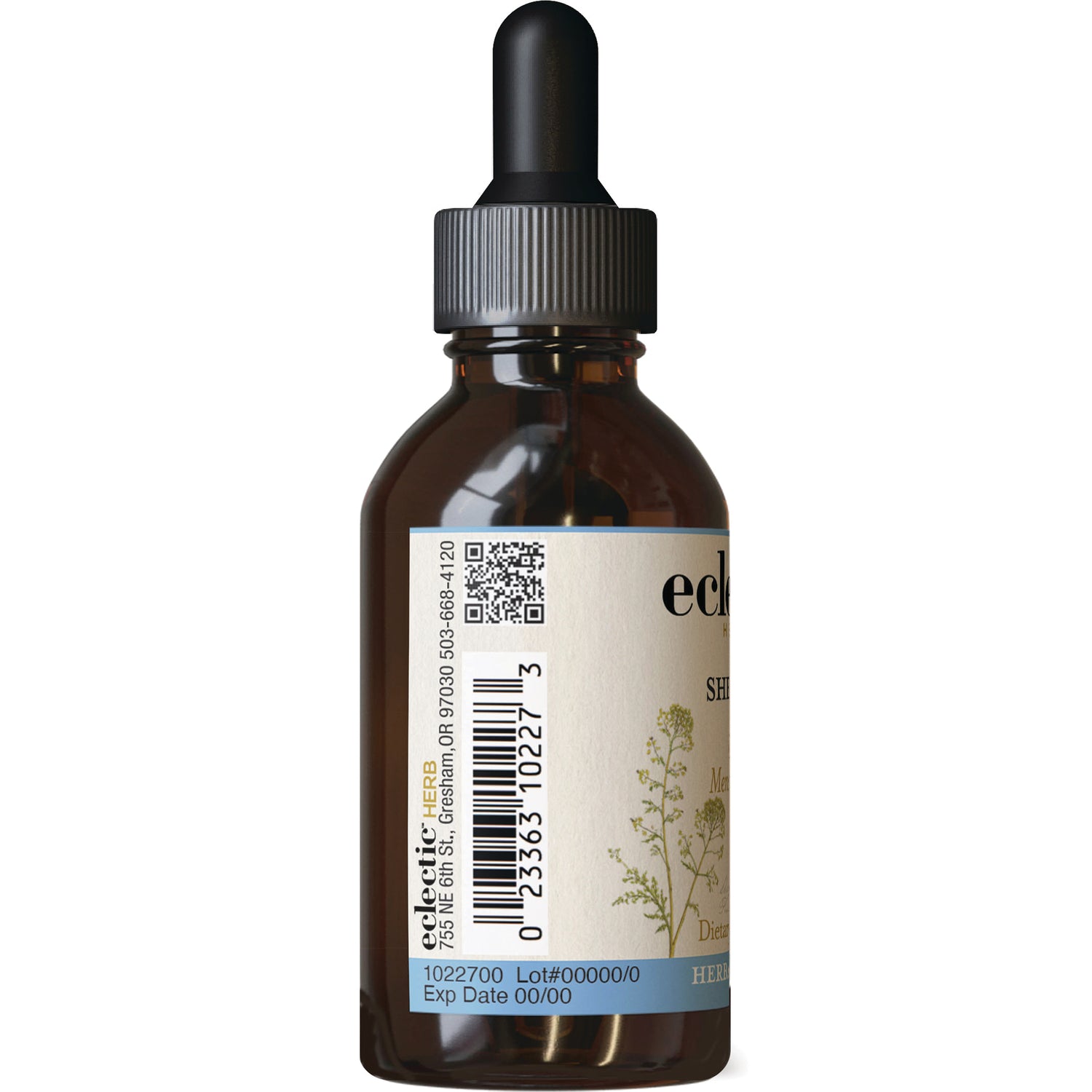 EC017 | Back of amber dropper bottle showing label with barcode, QR code, lot# 00000 and Exp Date 00/00