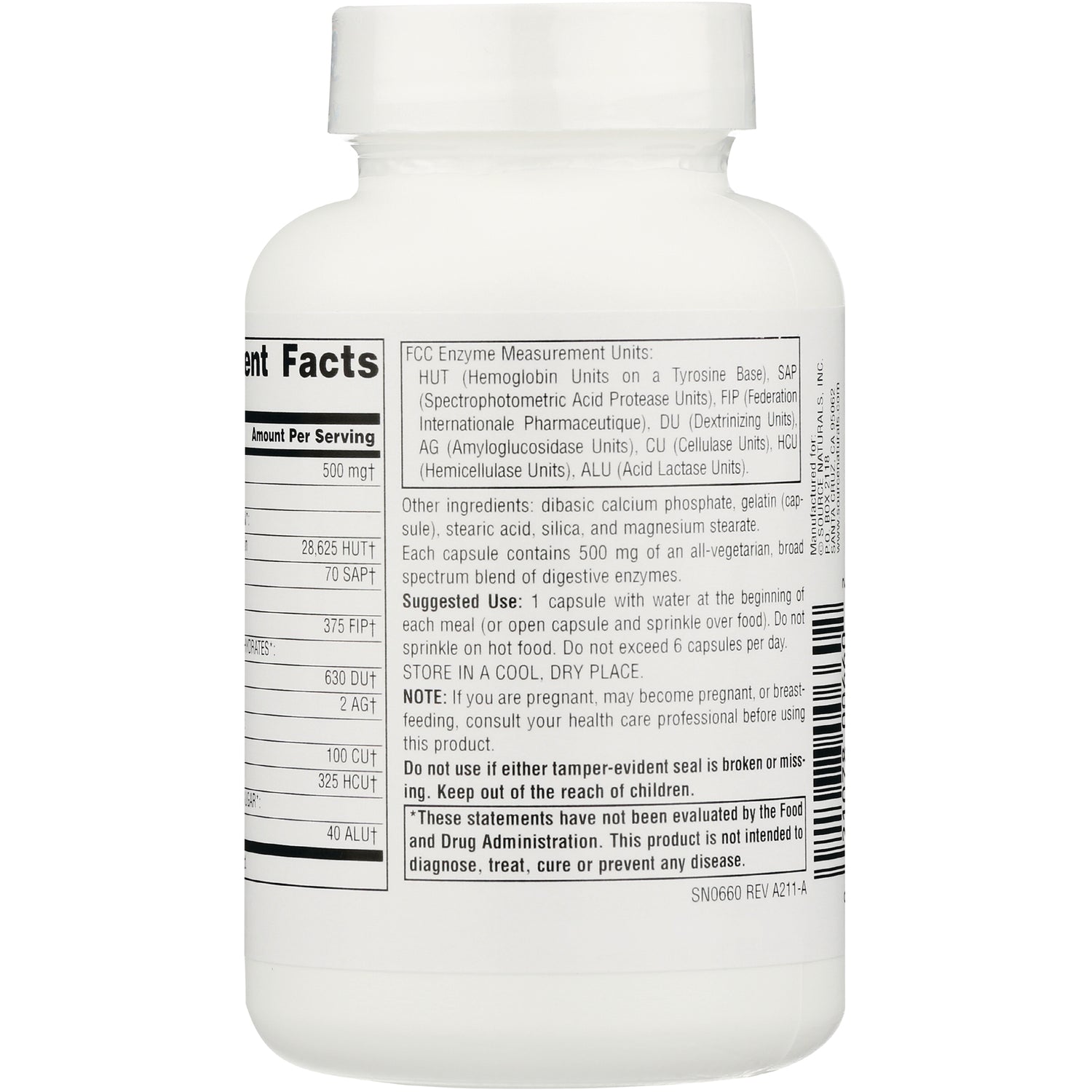 SN105 | Back label with Supplement Facts, ingredients, and suggested use