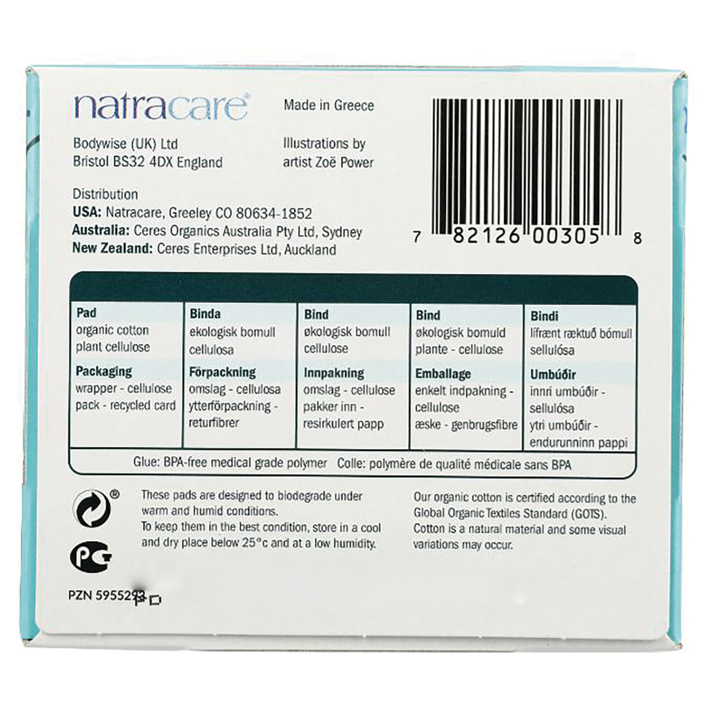 NCR008 | back of Natracare box showing barcode, distribution info and multilingual ingredients panel - Thumbnail