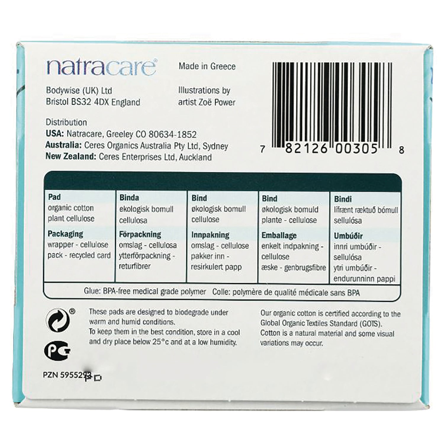 NCR008 | back of Natracare box showing barcode, distribution info and multilingual ingredients panel