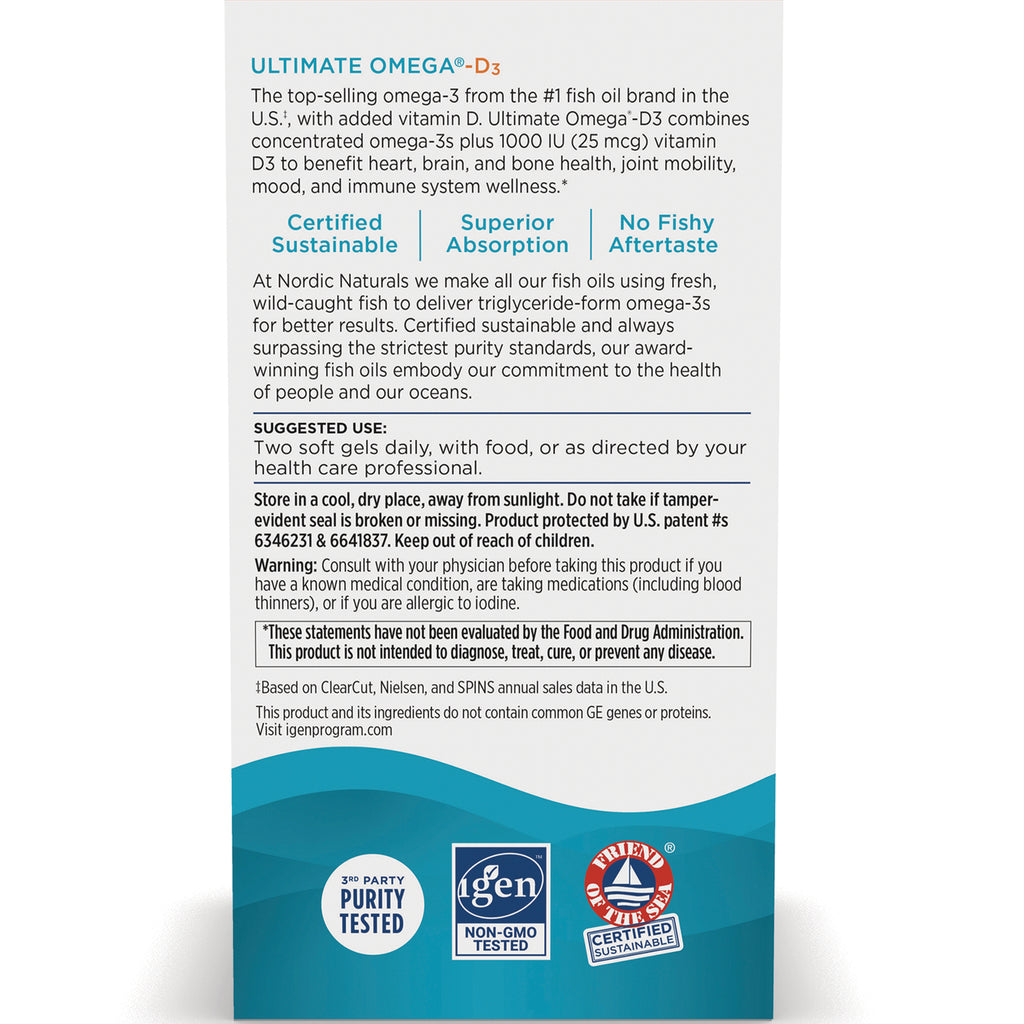 Back panel of Nordic Naturals Ultimate Omega-D3 showing suggested use, warnings, ingredient and certification text and logos - Thumbnail