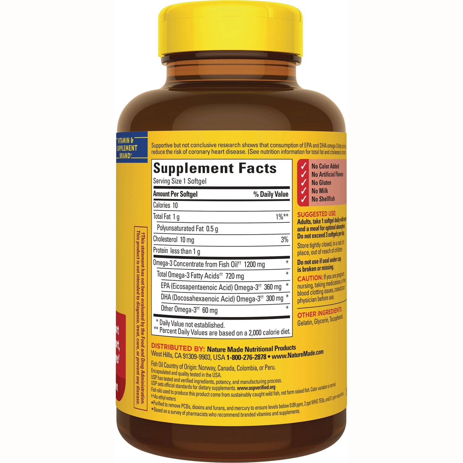 NTM170 | Back of brown supplement bottle with yellow cap showing Supplement Facts panel, suggested use, and other label text